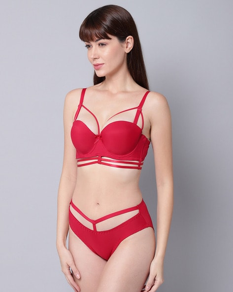 Buy PrettyCat Perfect Front Closure Pushup Bra Panty Set - Red Online
