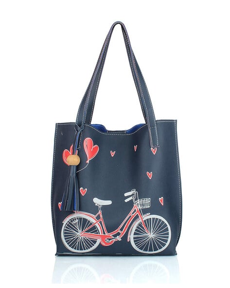 Graphic Print Tote Bag with Tassels