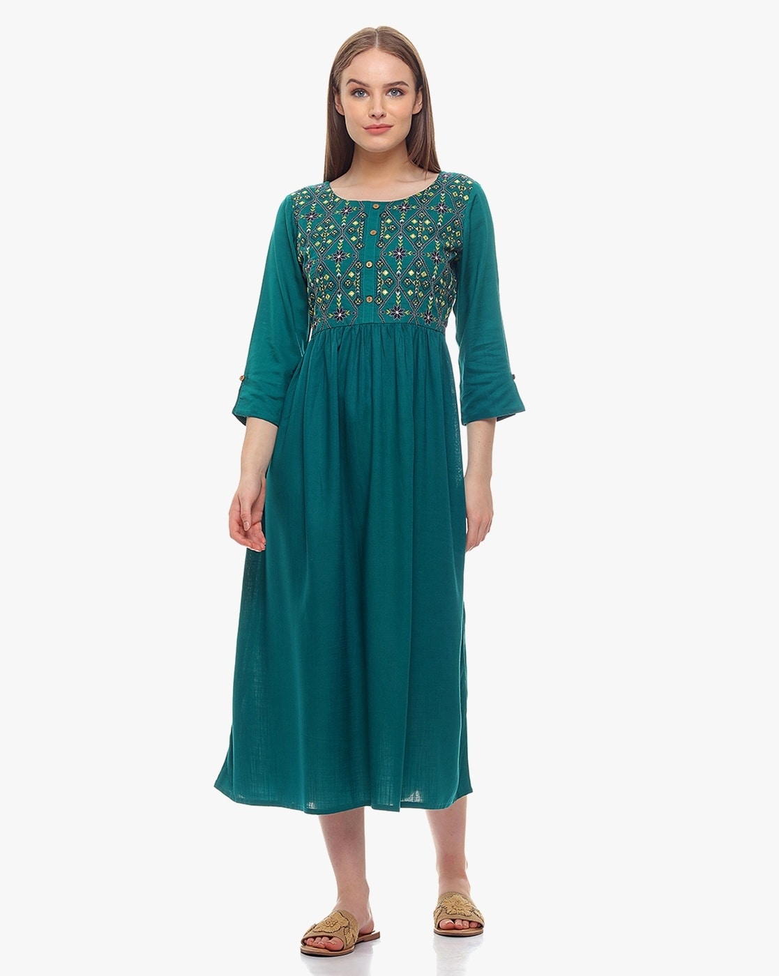 Green flared yoke printed dress by Magizham | The Secret Label