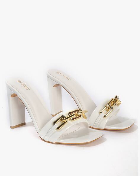 Open-Toe Chunky Heels with Bold Chain Accent