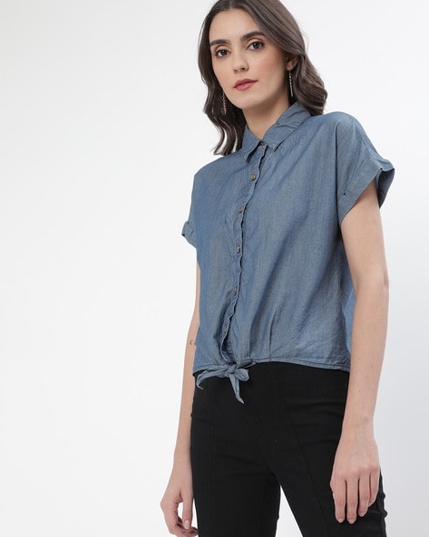 ASOS Collection Asos Pussy Bow Denim Blouse in Blue | Lyst