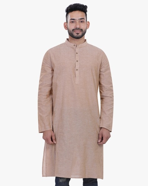 Heathered Long Kurta with Band Collar