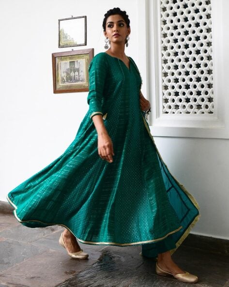 Buy Myaara Striped Anarkali Kurta Suit Set Emerald Green Color