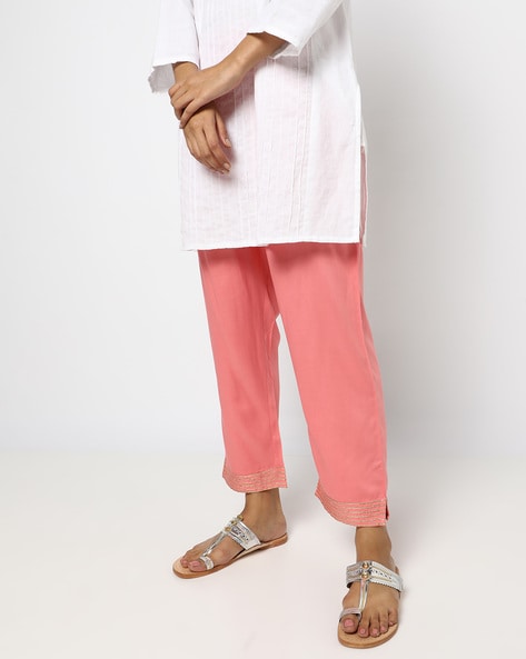 Pink bandhej print kurti with mirror work and matching pants - Gaaba