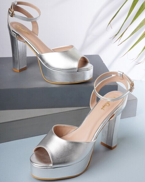 Sonnya Silver Ankle Strap Block Heels Pumps