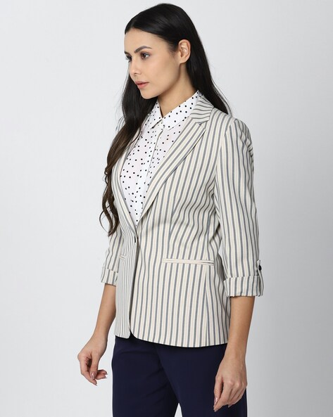 Buy online Lapel Neck Striped Formal Blazer from blazers and coats