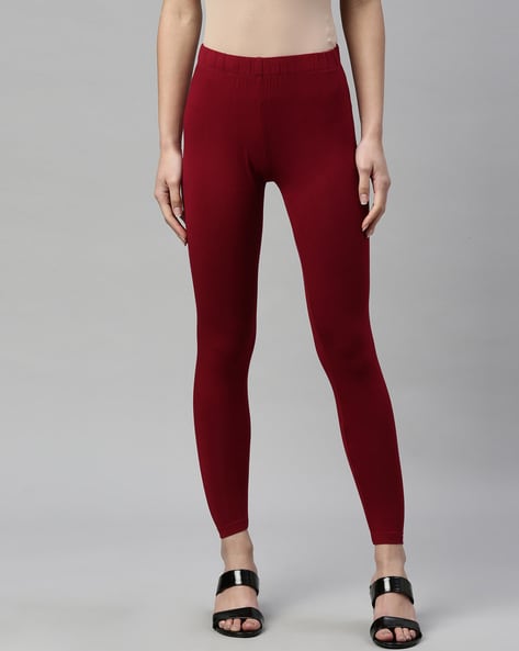 Buy online Red Solid Ankle Length Leggings from Capris & Leggings