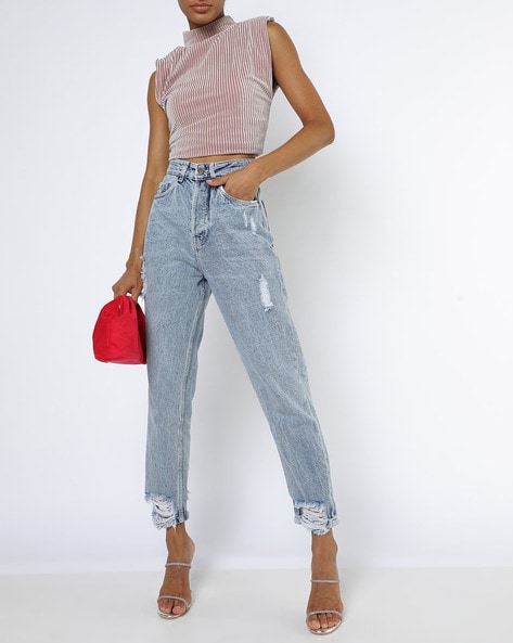 High-Rise Distressed Ankle-Length Jeans