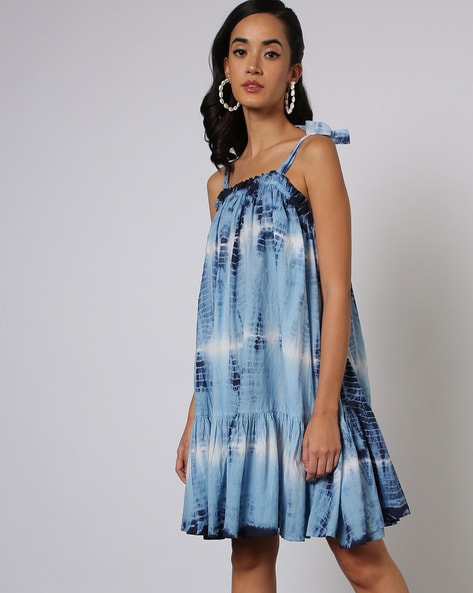 Shop Blue Cotton Crepe Printed Drop Waist Dress by THE INDIAN CAUSE at  House of Designers – HOUSE OF DESIGNERS