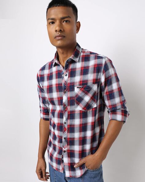 Red check dress shirt sales