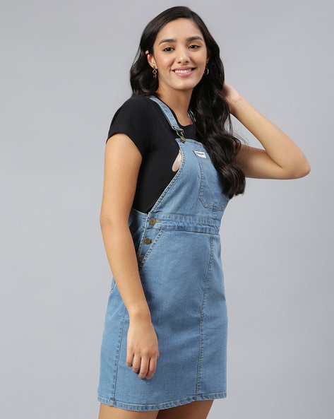 Textured A-line Dungaree Dress with Insert Pockets