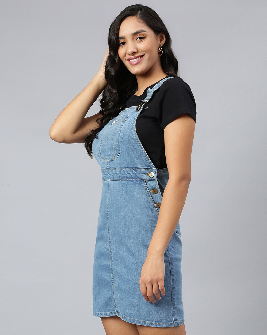 Buy FINSBURY LONDON Women's Dungaree Dress with Contrast Piping - Ebony  Black for Women Online in India