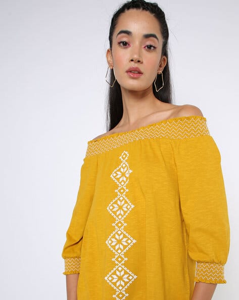 mustard yellow off the shoulder top