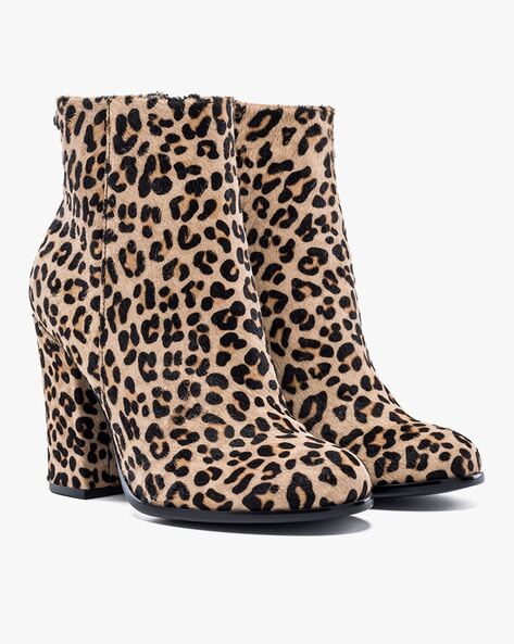 Leopard Print Ankle Length Boots With Chunky Heels