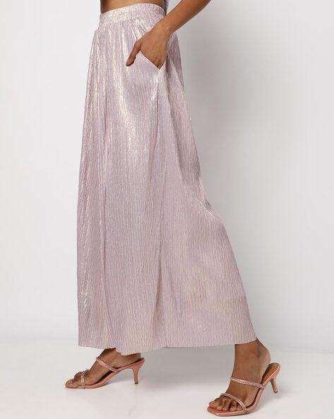 Rose Gold Metallic Pleated High Waist Midi Skirt