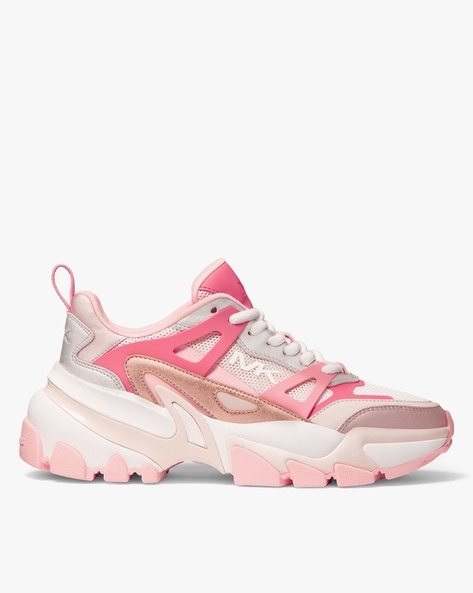 Buy Michael Kors Nick Mixed-Media Trainers with Logo Print | Pink & White  Color Women | AJIO LUXE