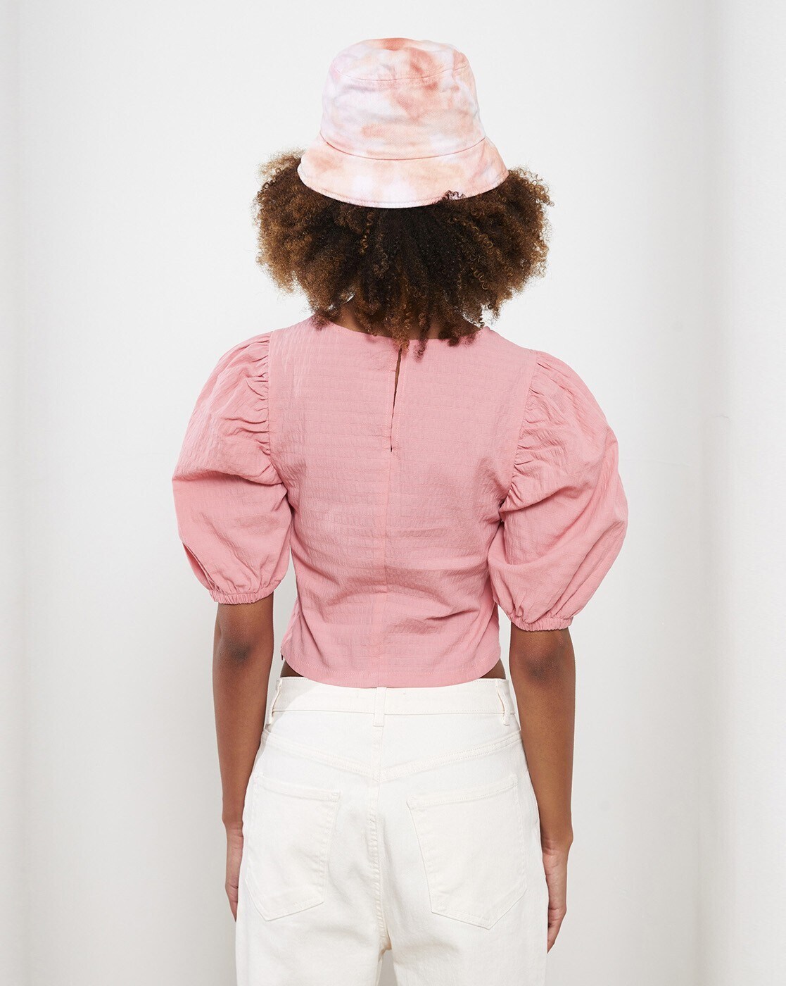 GB Pink Seersucker Textured Tie Front Puff Sleeve Bralette Swim Top