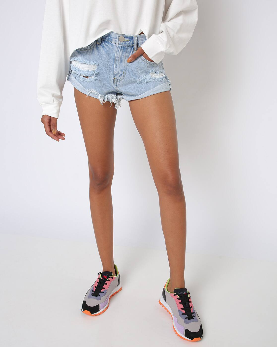 distressed jean shorts
