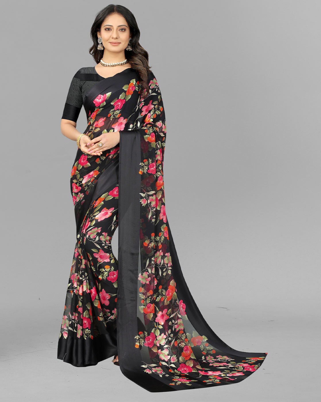 Black Floral Print Chiffon Saree