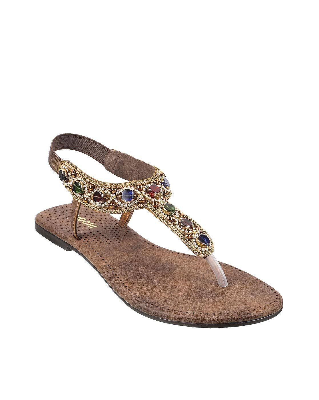 Buy Antic Gold Flat Sandals for Women by Mochi Online | Ajio.com