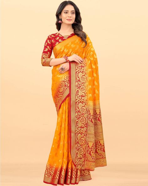 Buy Vivera Designer Soft Net Yellow Colour Saree with Blouse at Amazon.in