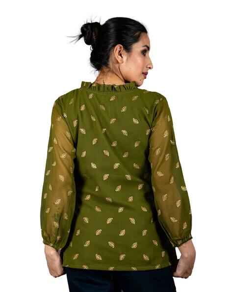 Leaf Woven Top with Tie-Up Neck view 3