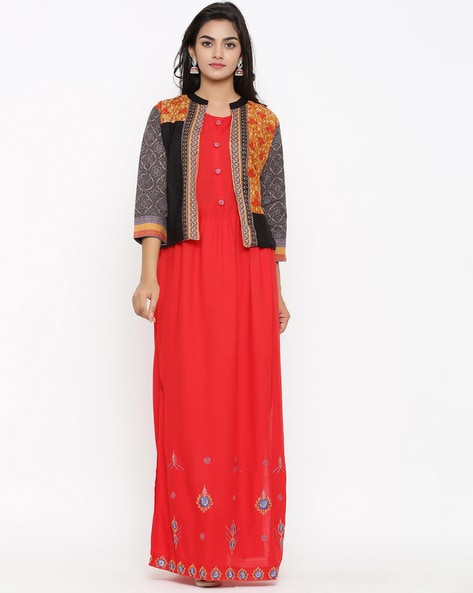Rayon Fabric Red Color ALine Style Kurta With Nevy Blue Color Jacket in  Resham  Embroidered Work