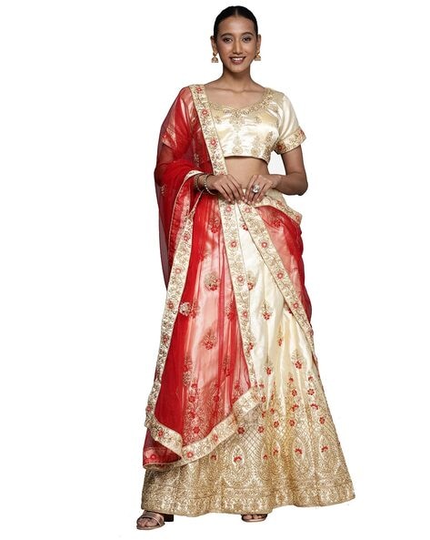 Beige Art Silk Lehenga Choli with Thread-Sequins Embroidery and Georgette  Red Printed Dupatta | Exotic India Art