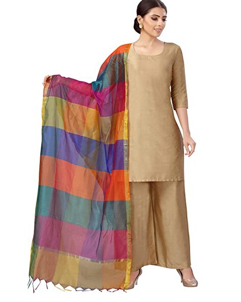 Checked Art Silk Dupatta with Tassels Price in India