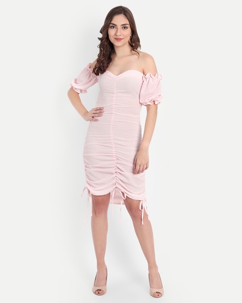 Blushing Pink Off Shoulder A-Line Open Back Prom Dress | LizProm