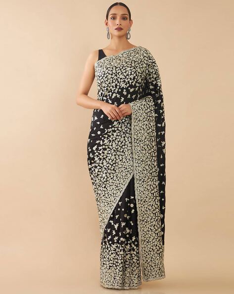 Buy Black Designer Party Wear Saree With Thread and Stone Work At KHUSHKAR  – Khushkar