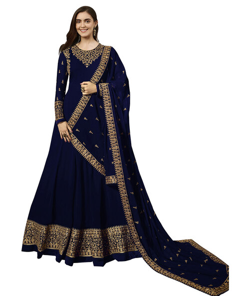 Embroidered Semi-Stitched Anarkali Dress Material Price in India