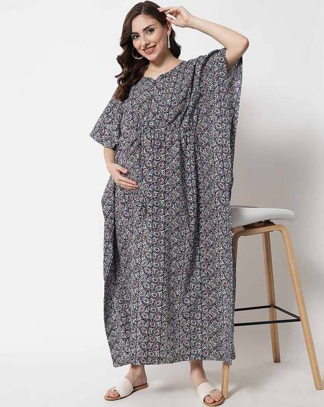 Buy online Notch Neck Block Printed Kaftan Dress from western wear