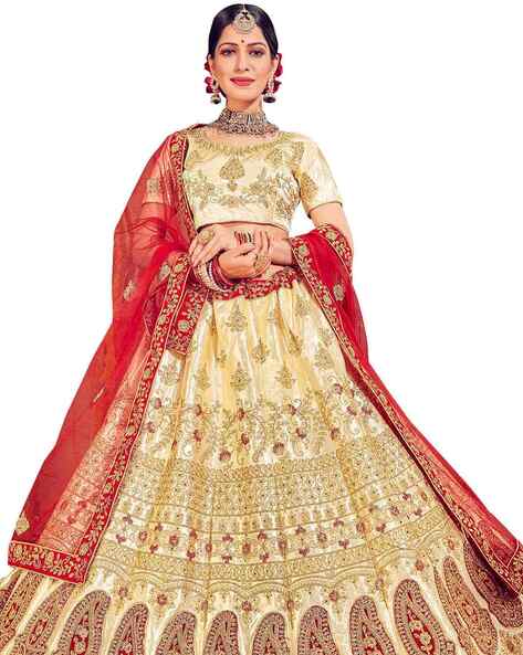 Kamna Joshi Makeup & Hair Adroit - BEIGE SATIN SILK DESIGNER LEHENGA WITH RED  DUPATTA PERFECT FOR YOUR RECEPTION/SANGEET/ENGAGEMENT FUNCTION. Now  available on Rent @Selfie Wears at our TI And C21 outlet