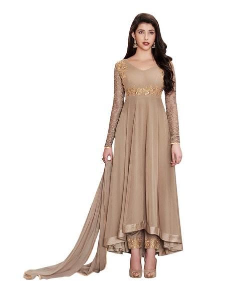 Embroidered Semi-Stitched Anarkali Dress Material Price in India