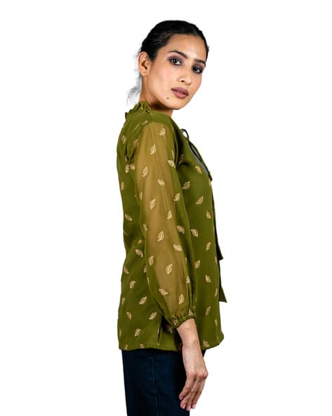 Leaf Woven Top with Tie-Up Neck view 2