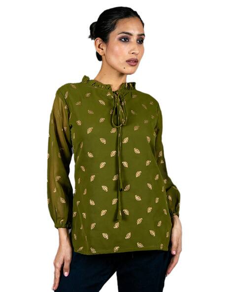 Leaf Woven Top with Tie-Up Neck
