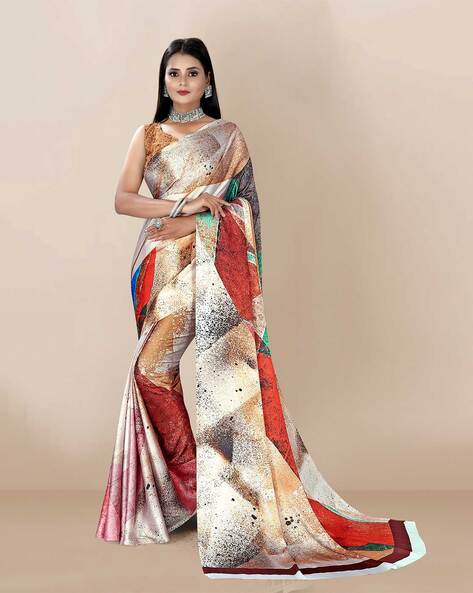 Pink Floral Digital Printed Satin Saree