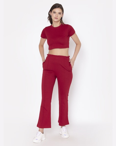 Women Solid Maroon VNeck Crop Top and Trousers Set  Berrylush