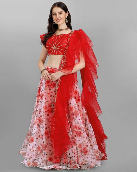 Red Color Printed With Foil Work Dola Silk Lehenga