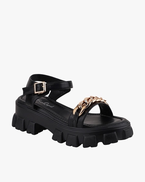 Alaiya Leather Chunky Platform Sandals in Black | ikrush