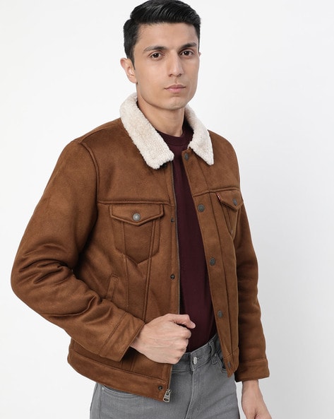 Tan Furr Collar & Sleeves Leather Jacket For Men By Brune & Bareskin