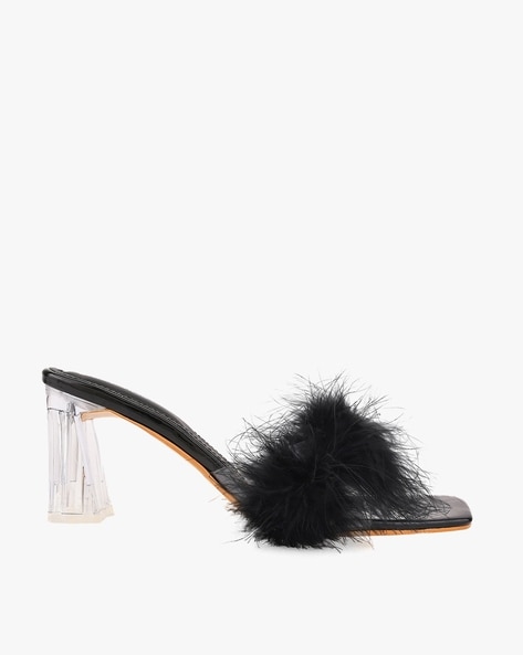 Black fluffy best sale heeled slippers