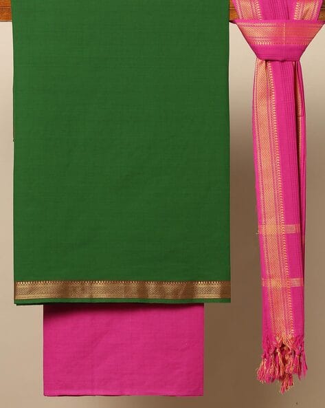 mangalagiri cotton dress material with zari border Mangalagiri Pure Handloom Cotton Zari Border Dress Material Set (Unstiched)