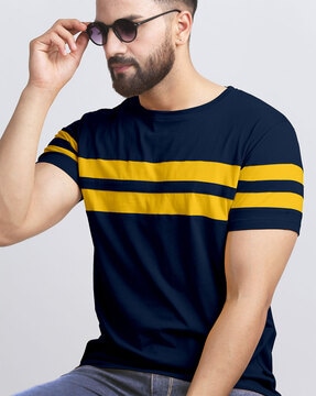 AUSK Striped Crew-Neck T-shirt For Men (Navy, XL)