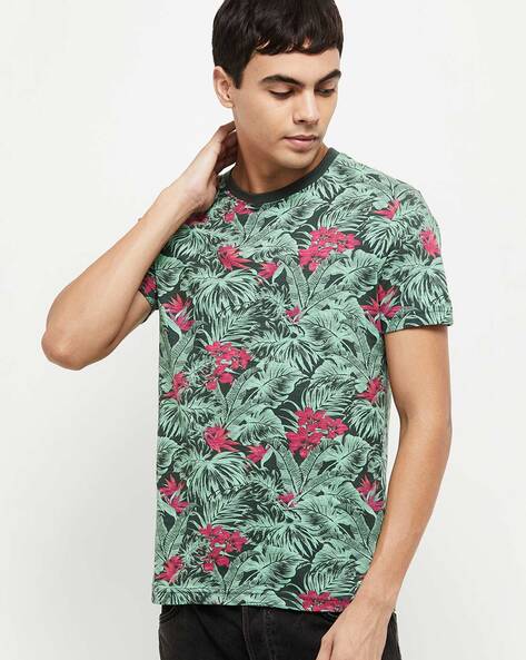 Regular Fit Tropical Print Crew-Neck Cotton T-Shirt