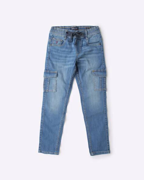 Lightly Washed Cargo Jeans with Drawstring Fastening
