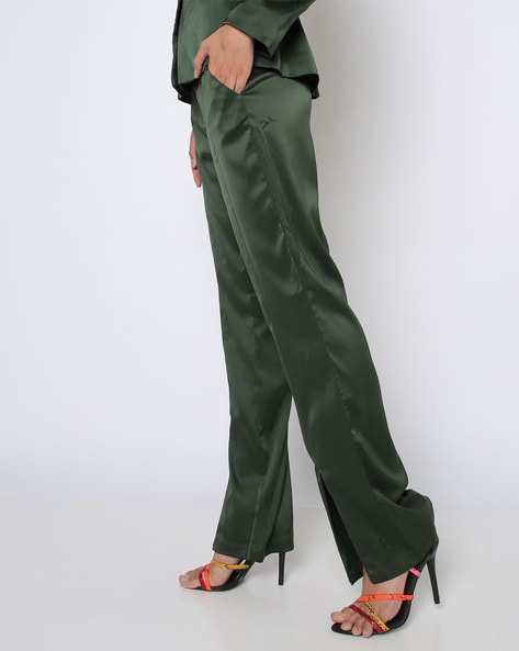 Wardrobe by Westside Solid Emerald Green Wide-Leg Trousers