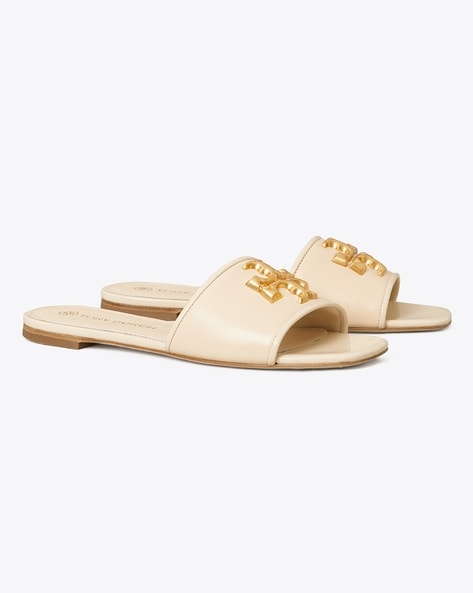 Buy Tory Burch Eleanor Slides with Logo Accent | Cream Color Women | AJIO  LUXE