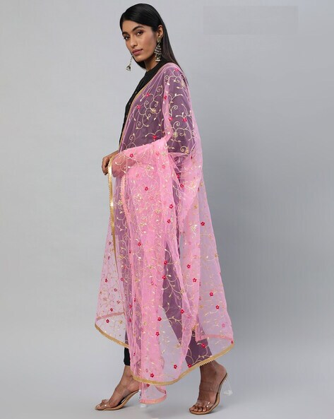 Sheer-Through Dupatta with Floral Embroidered Price in India